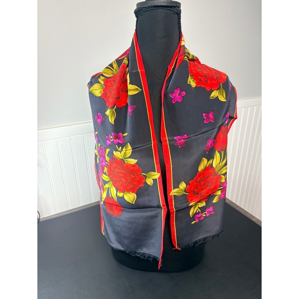Liz Claiborne Vintage Silk Floral Fringe Scarf Navy Blue Red Rose 1995